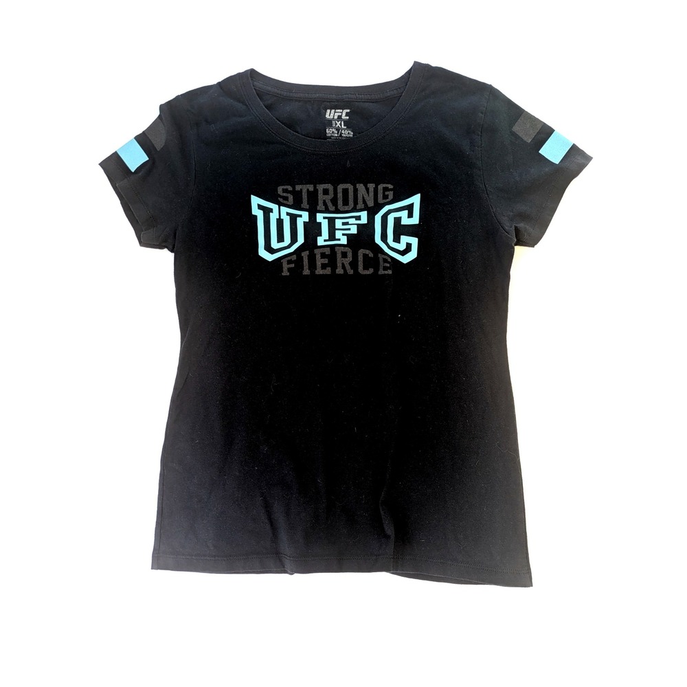 UFC Strong Fierce Graphic T-Shirt Womens XL Black Teal Short Sleeve MMA Tee